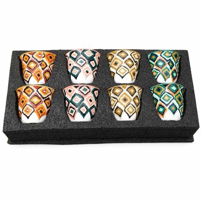 Подарочный набор керамических чашек Boho с геометрическим узором из 8 предметов для кофе, чая