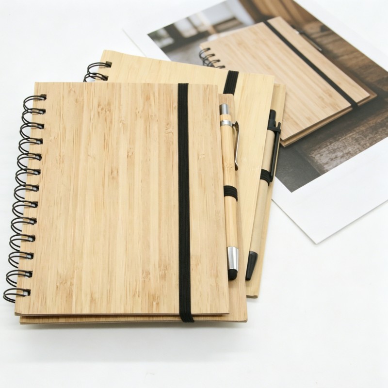 Bamboo Wood Cover Spiral Notebook Set