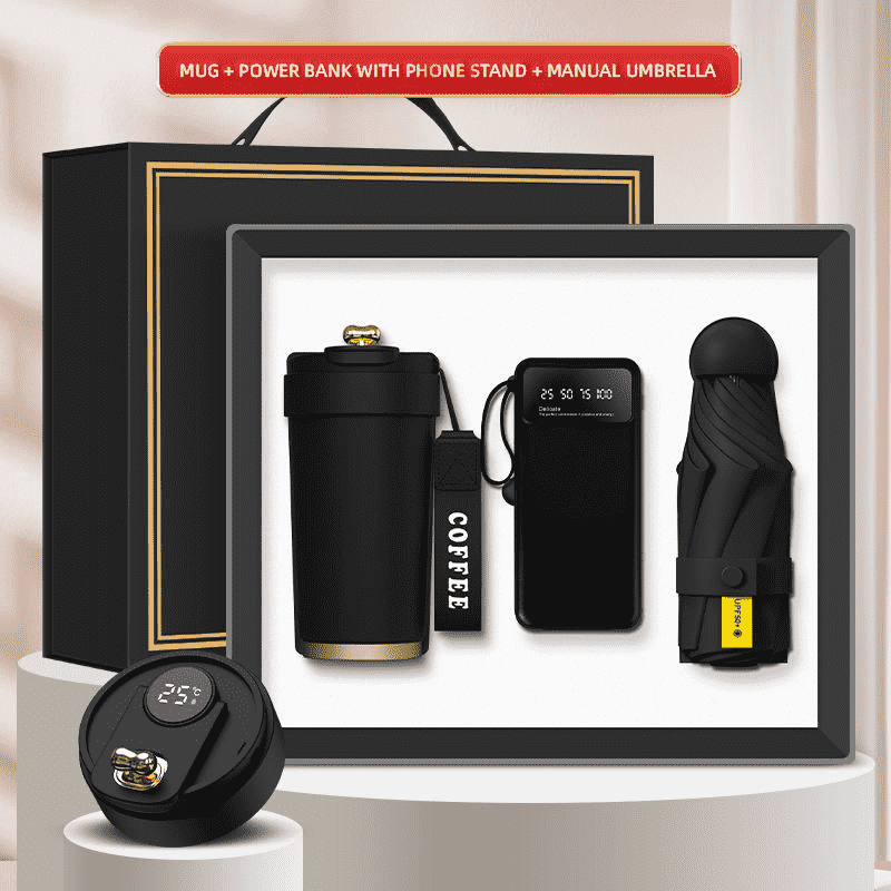 Кружка в подарочной упаковке с логотипом 3-в-1, мини-зонт Power Bank